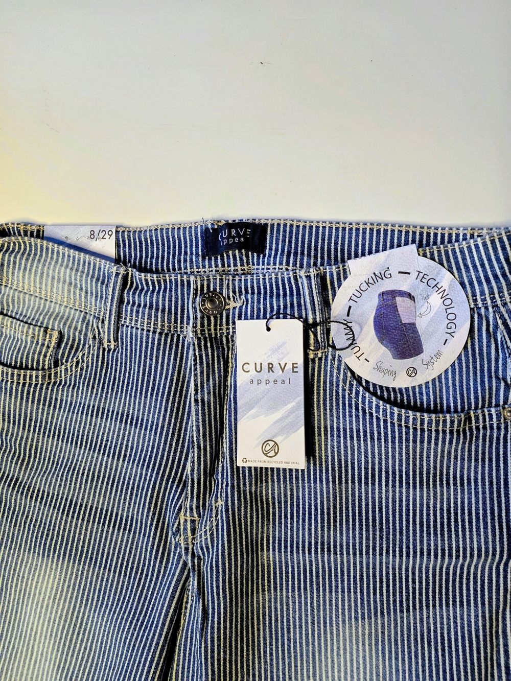 CURVE APPEAL Striped Crop Pants with Curve Fit - Blue & White - Picture 2 of 7